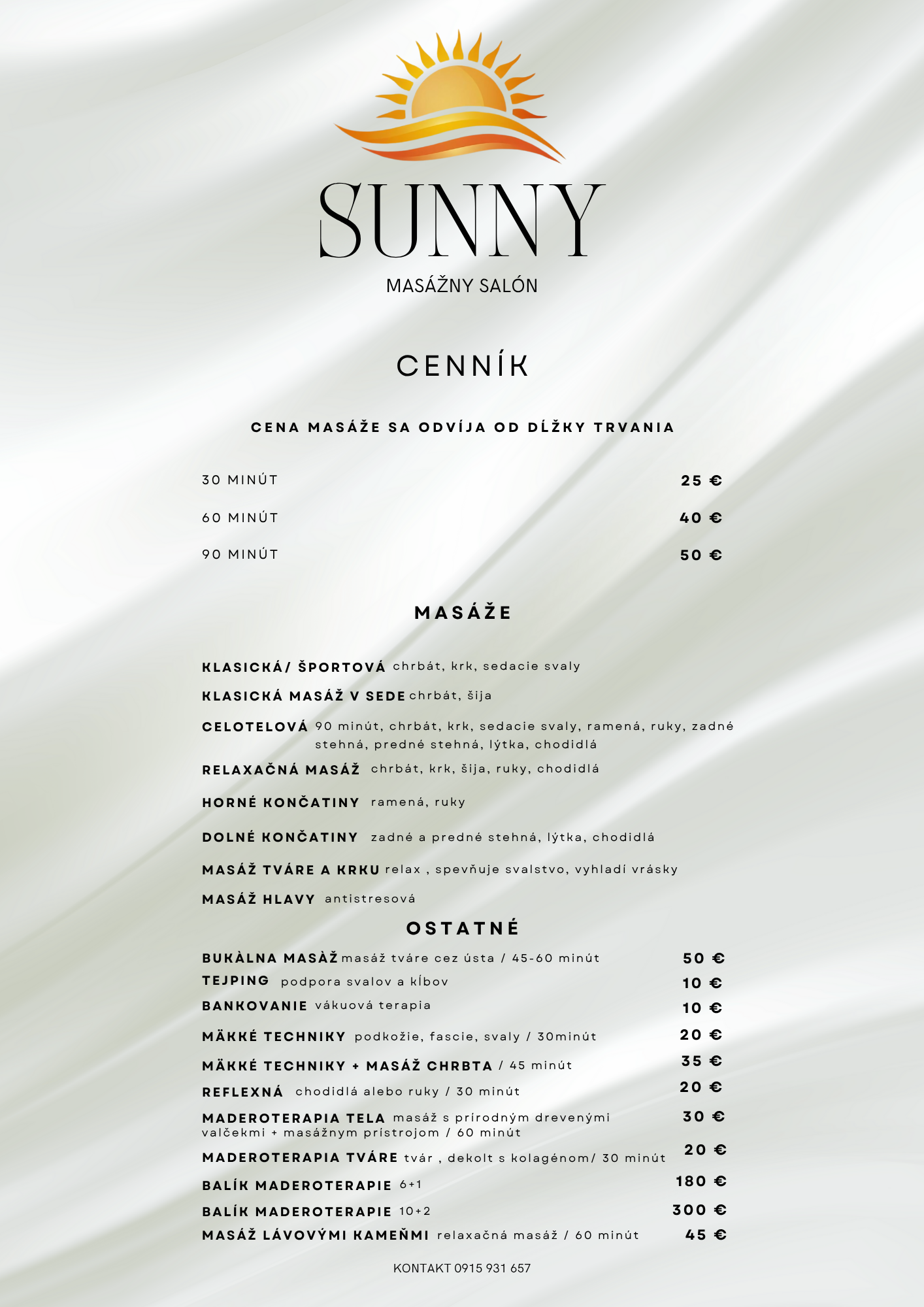 Complete massage services price list